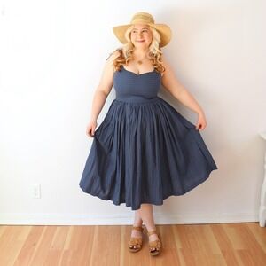 ModCloth Fit and Flare Midi Dress Blue Micro Dot Tie Strap Sweetheart Cotton L